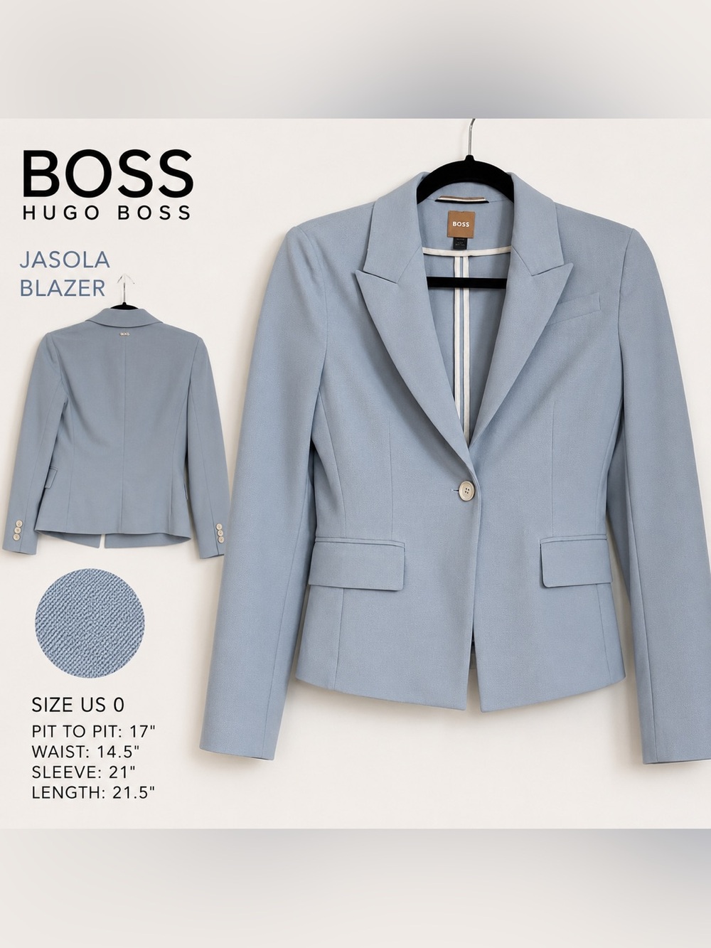 BOSS Hugo Boss Jasola Light Blue Cropped Blazer Jacket Size US 0 Tailored Career